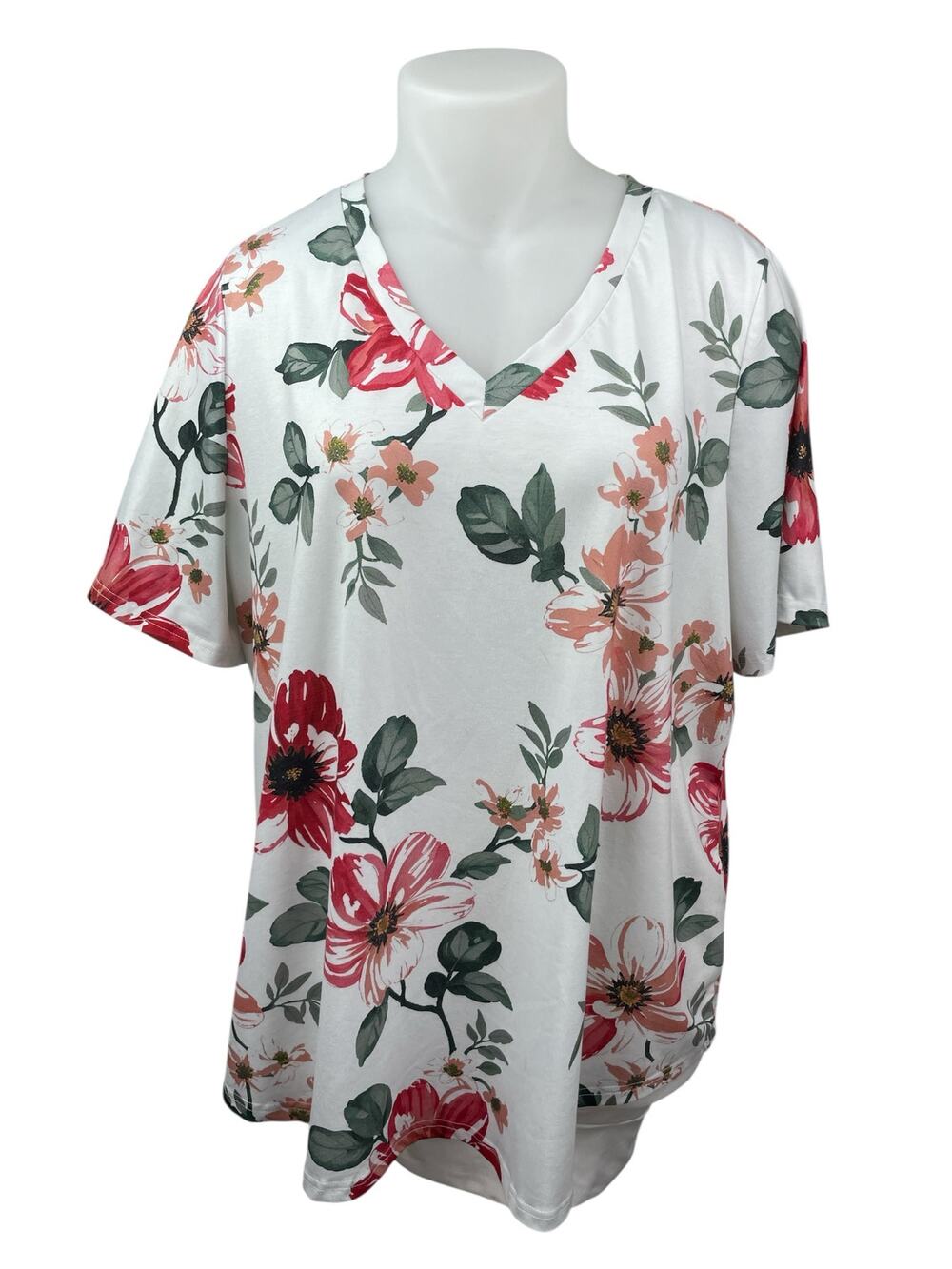 Bloomchic Women's White Floral V Neck Short Sleeve T Shirt Tee Blouse Top 22/24